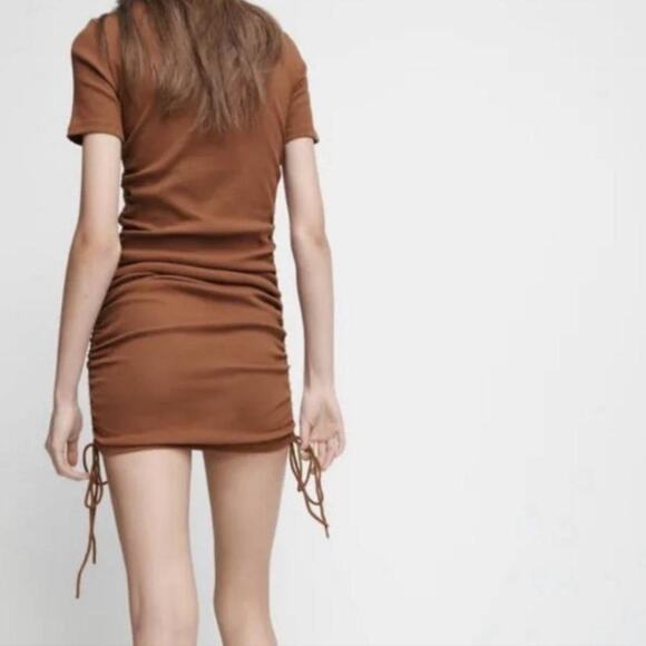 Zara Brown Ribbed Knit Short Sleeve Side Ruched Tie Mini Bodycon Dress Size S - Picture 6 of 12